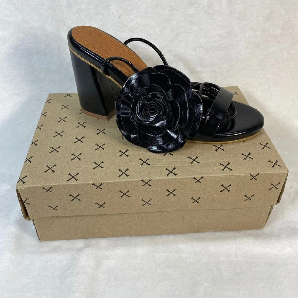 Lovella Flower Heels Block Heel Sandals‎ Strappy Party Shoes Black Size 9/39